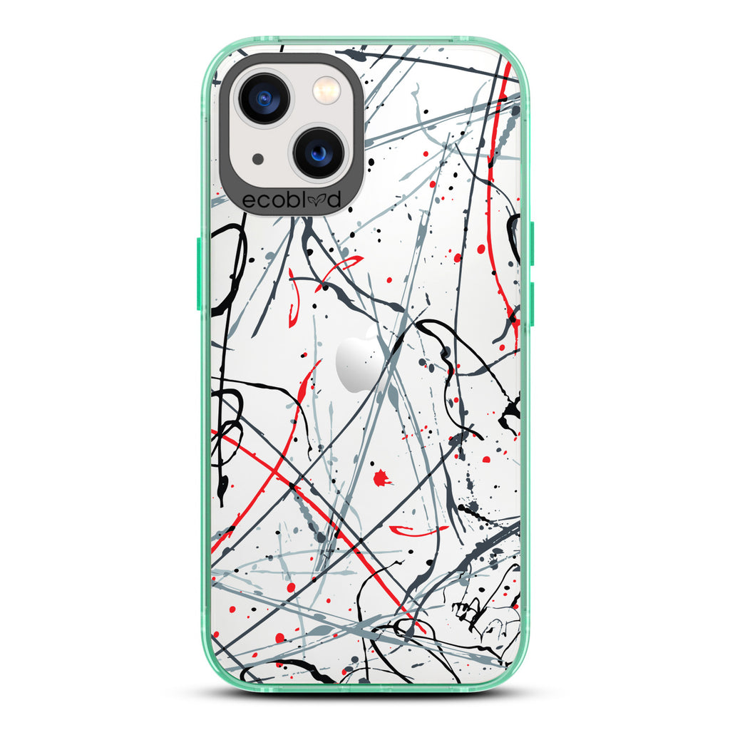 Contemporary Collection - Green Compostable iPhone 13 Case - Black & Red Paint Splatter On A Clear Back