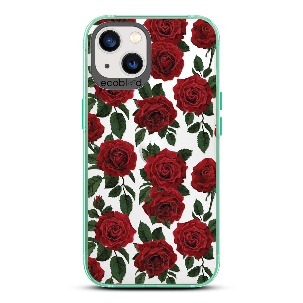 Love Collection - Green Compostable iPhone 13 Case - Red Roses & Leaves On A Clear Back