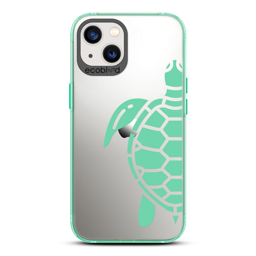 Laguna Collection - Green iPhone 13 Case With A Minimalist Sea Turtle Design On A Clear Back - 6FT Drop Protection