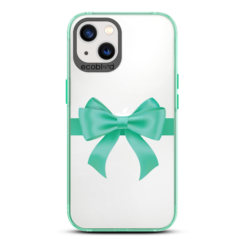 Winter Collection - Green Eco-Friendly Laguna iPhone 13 Case With A Green Gift Bow Printed On A Clear Back
