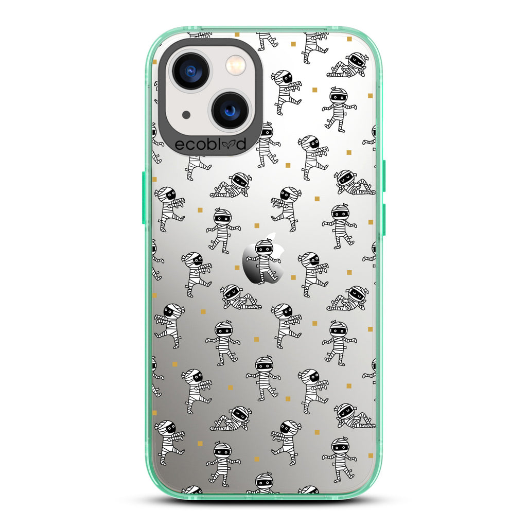 Halloween Collection - Green Laguna iPhone 13 Case With Multiple Cartoon Mummies Walking & Laying On A Clear Back