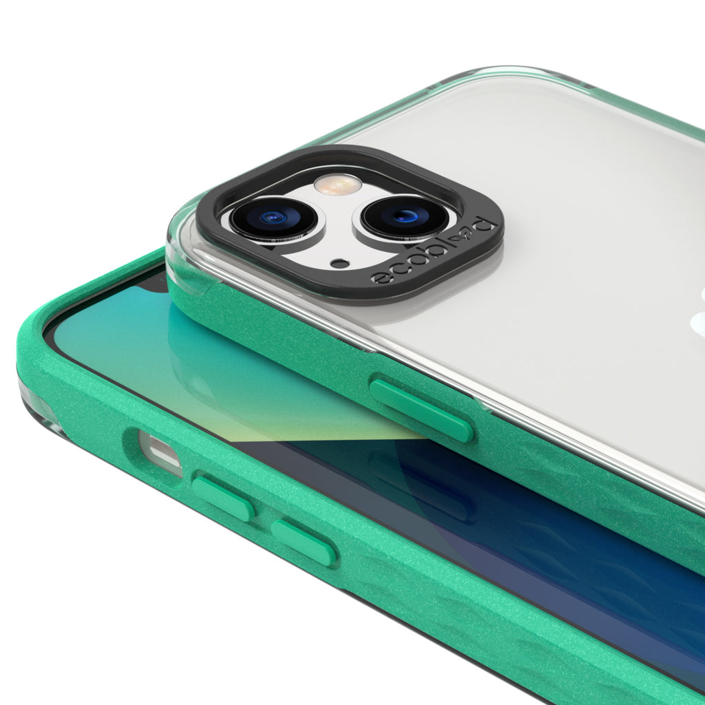 View Of Raised Camera Ring & Raised Edges On Green iPhone 13 Laguna Case
