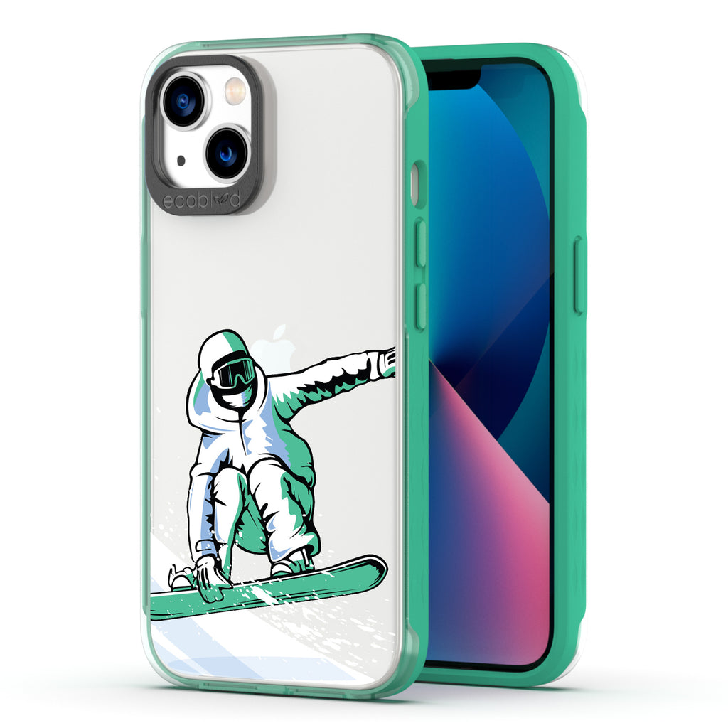 Back View Of Green Compostable iPhone 13 Clear Case With The Shreddin' The Gnar Design & Front View Of Screen