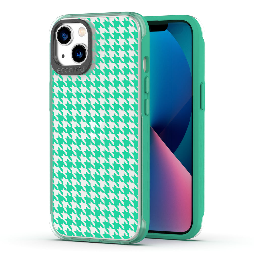 Back View Of Eco-Friendly Green iPhone Timeless Laguna Case With Houndstooth Design & Front View Of Screen