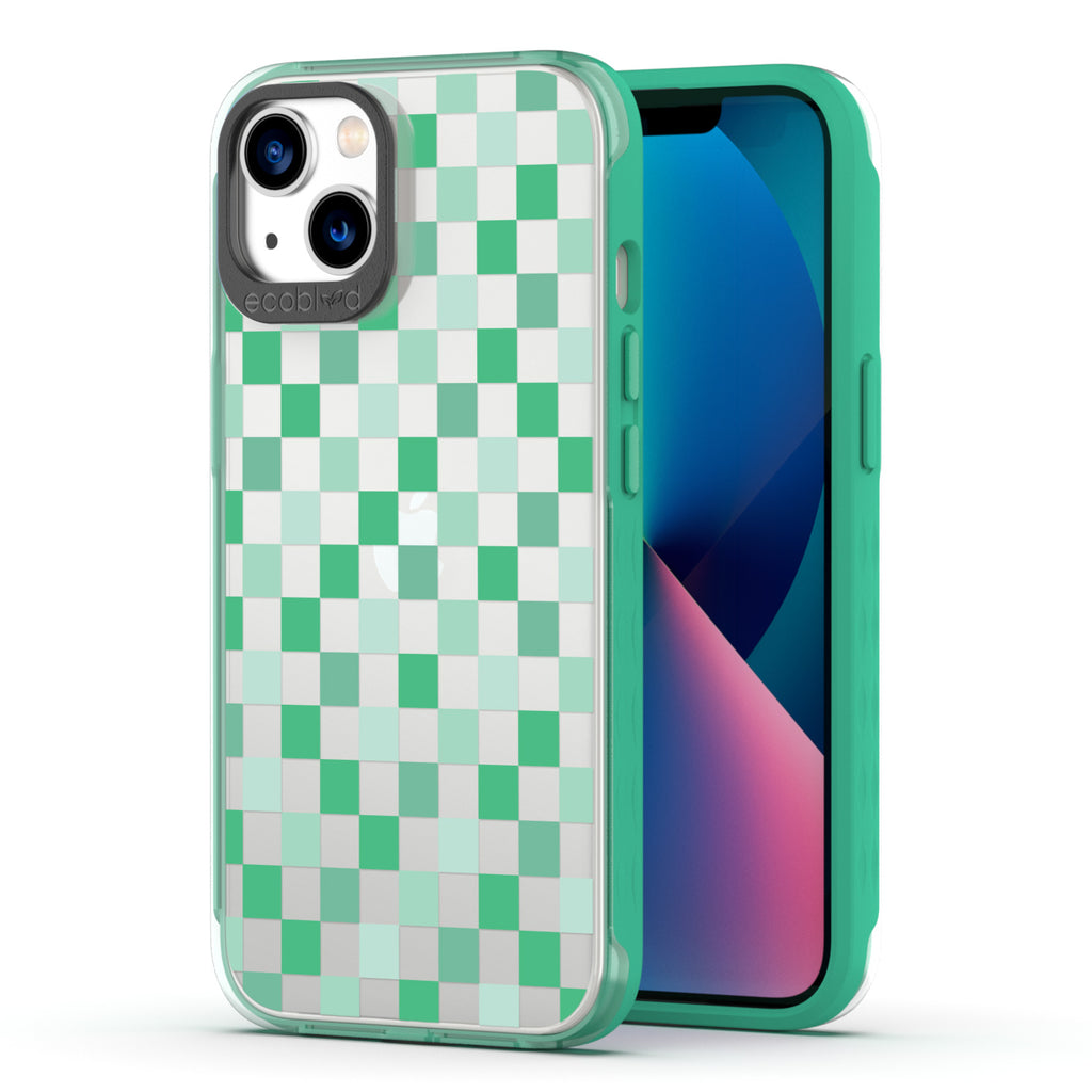 Back View Of The Green iPhone 13 Laguna Case With The Checkered Print Design On A Clear Back And Frontal View Of The Screen