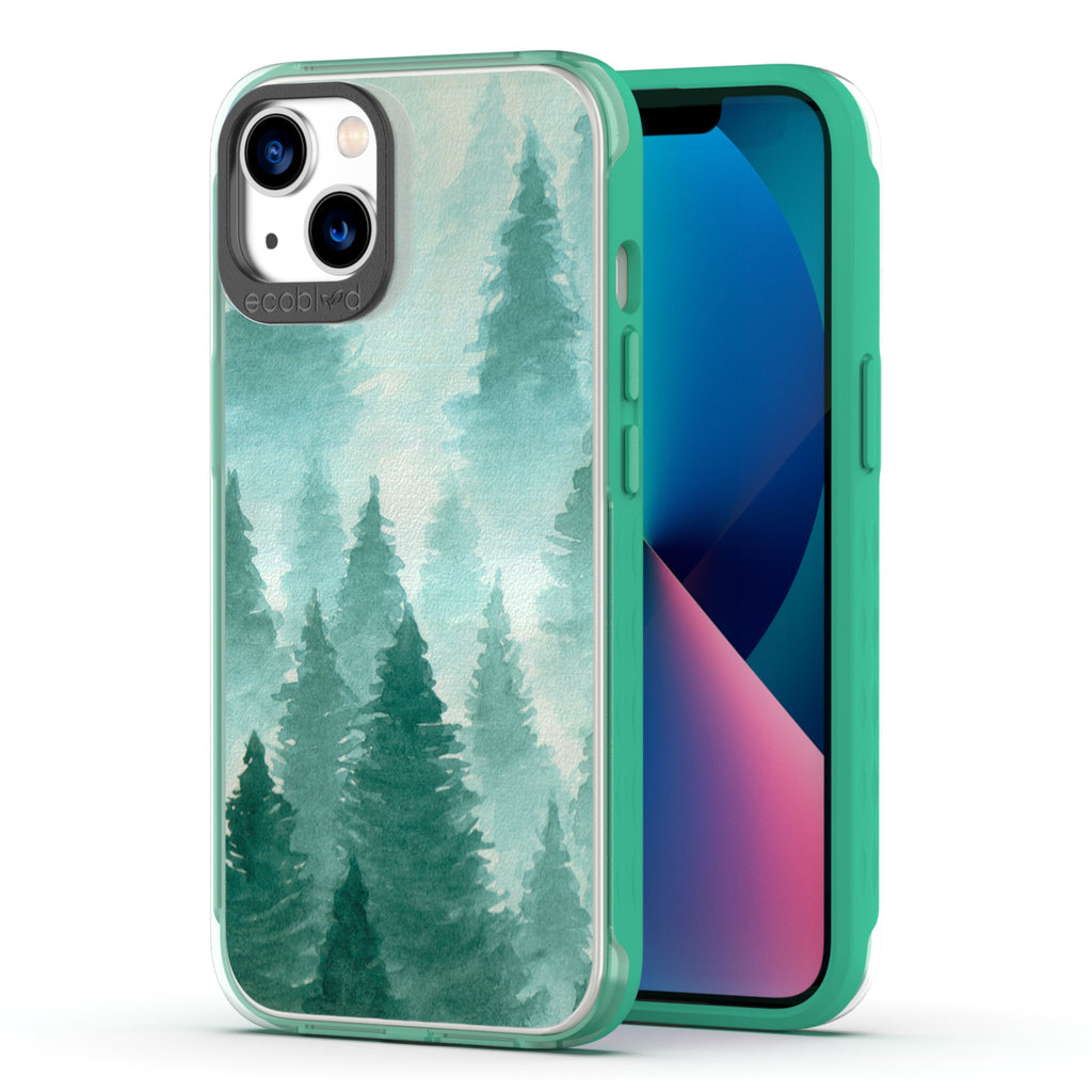 Back View Of Eco-Friendly Green iPhone 13 Winter Laguna Case With A Winter Pine Design & Front View Of The Screen