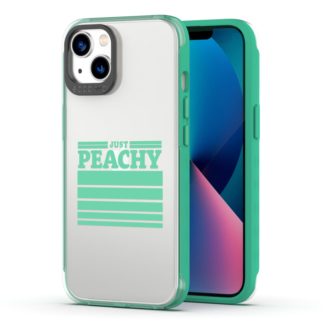 Back View Of The Green Eco-Friendly iPhone 13 Laguna Case With Just Peachy Design & Front View Of The Screen