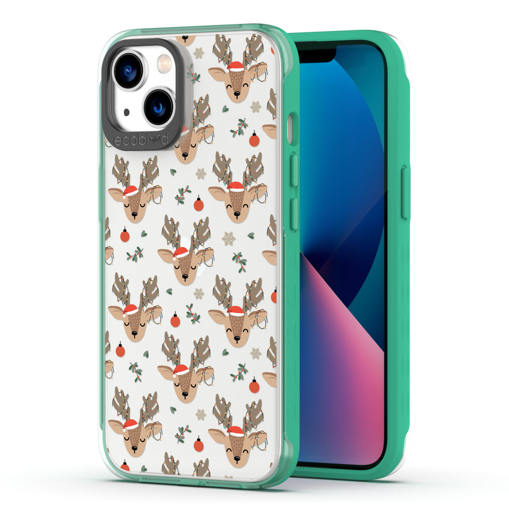 Back View Of Green Compostable iPhone 13 Winter Laguna Case With The Oh Deer Design & Front View Of The Screen