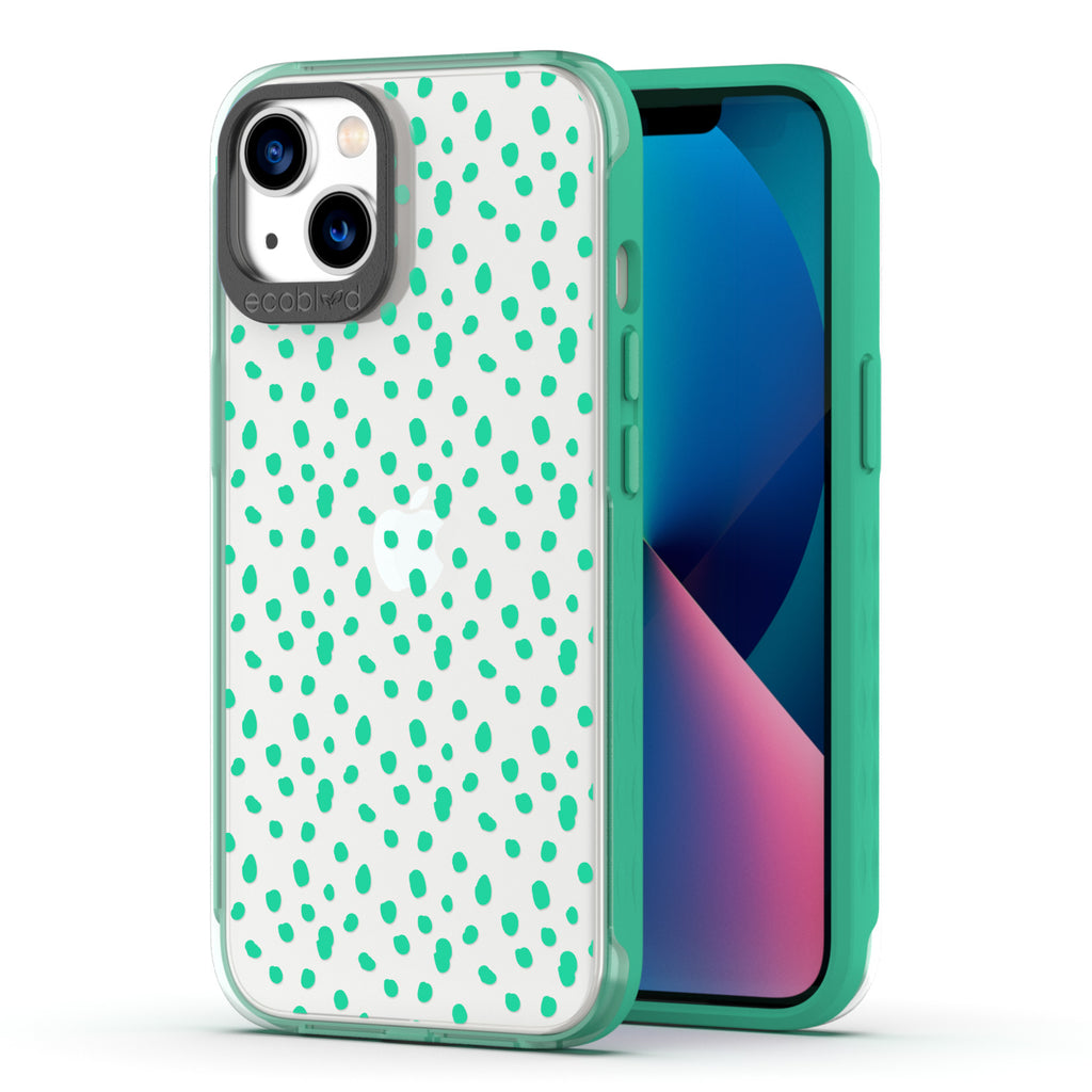 Back View Of Eco-Friendly Green iPhone 13 Timeless Laguna Case With On The Dot Design & Front View Of Screen