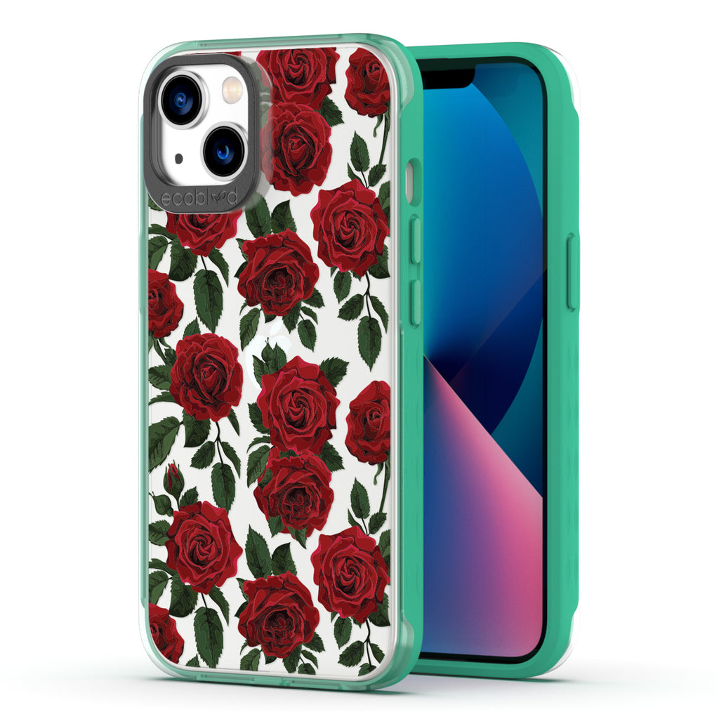 Back View Of Green Eco-Friendly iPhone 13 Clear Case With The Smell The Roses Design & Front View Of Screen