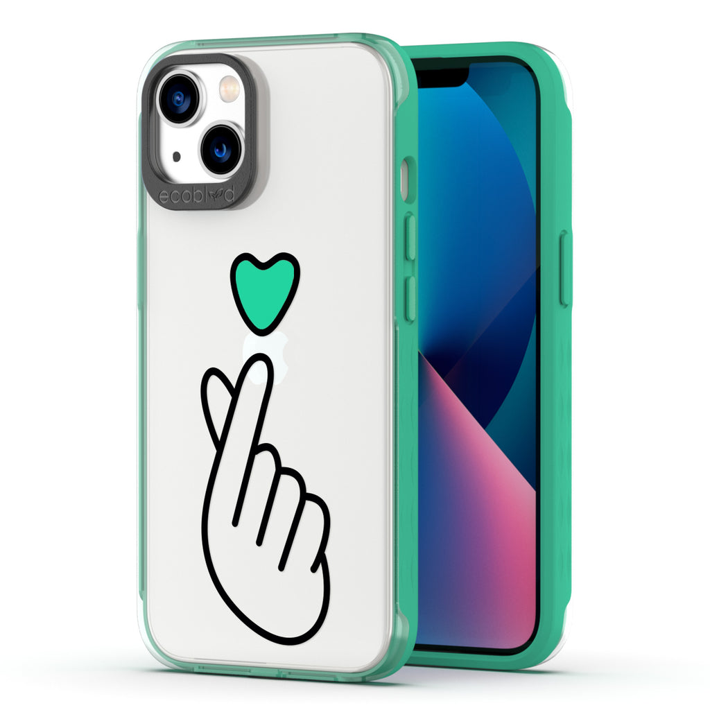 Back View Of Green Eco-Friendly iPhone 13 Clear Case With The Finger Heart Design & Front View Of Screen