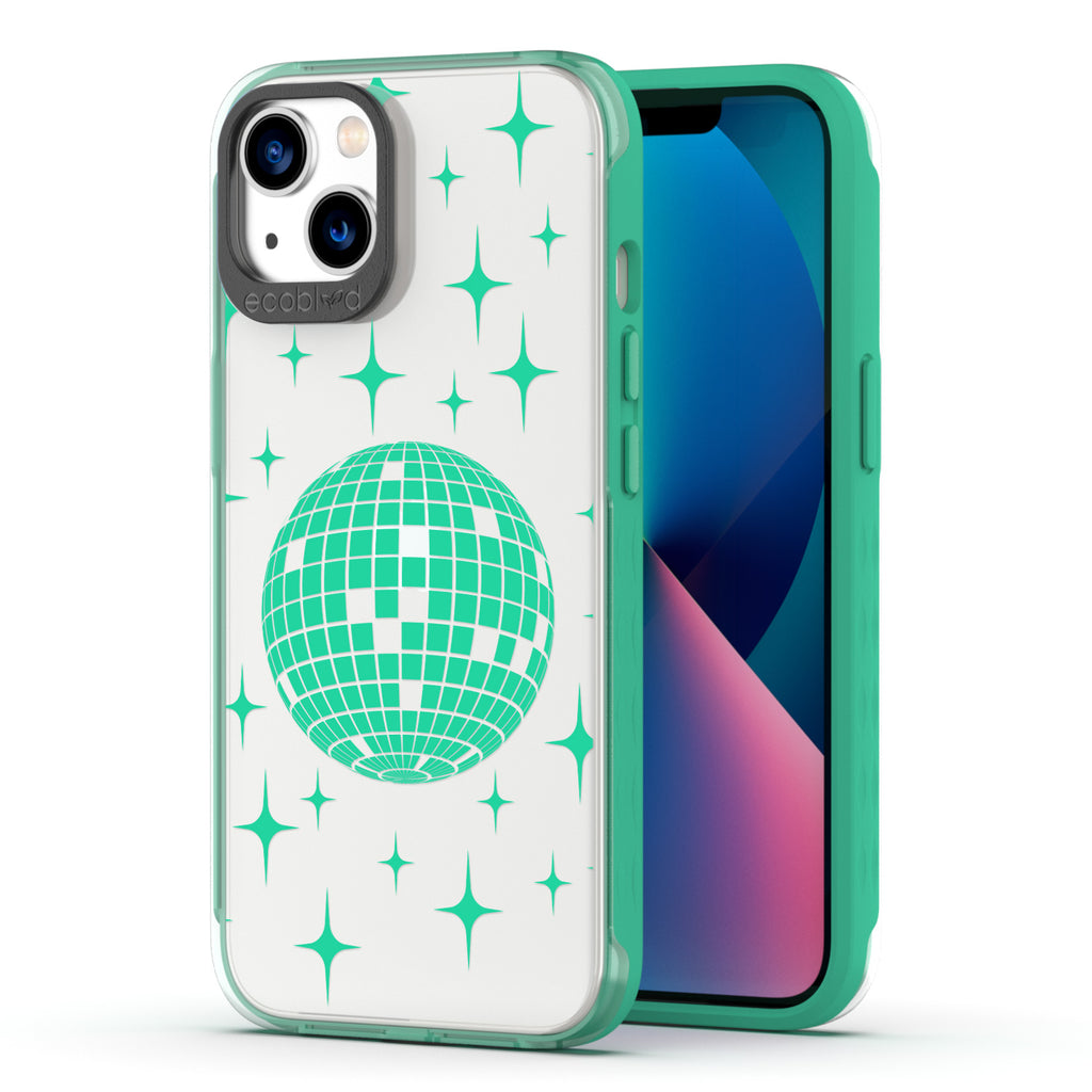 Back View Of Green Compostable iPhone 13 Clear Case With The Disco With The Flow Design & Front View Of Screen