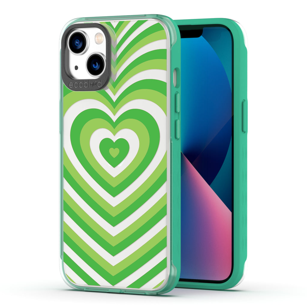 Back View Of Green Eco-Friendly iPhone 13 Clear Case With The Tunnel Of Love Design & Front View Of Screen