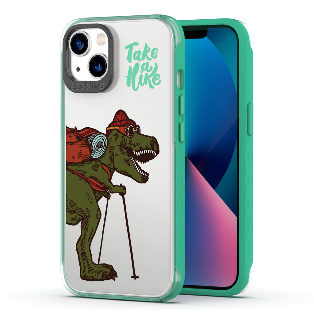 Back View Of Green iPhone 13 Laguna Case With The Take A Hike Design On A Clear Back And Frontal View Of The Screen