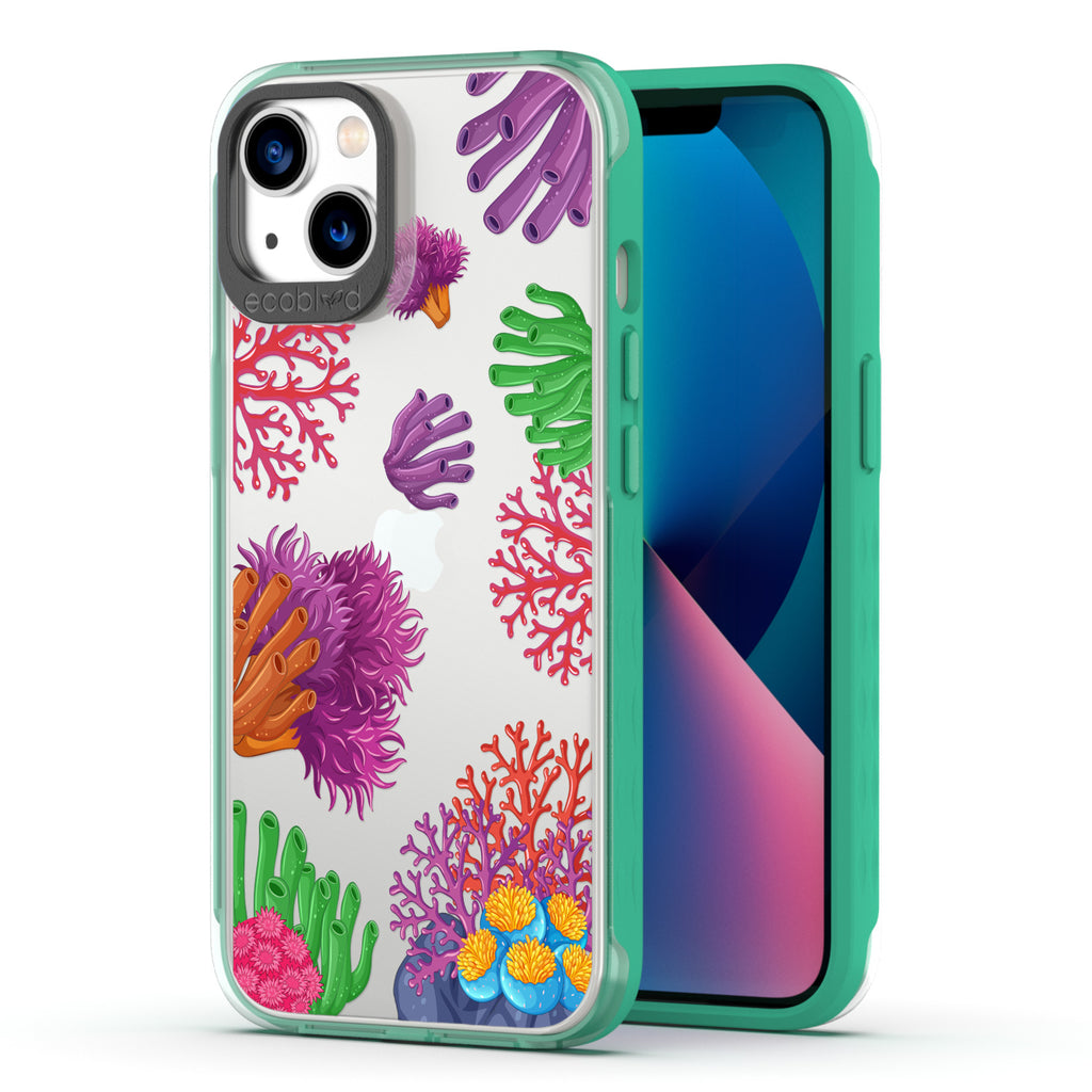 Back View Of Green Compostable iPhone 13 Laguna Case With The Coral Reef Design & Front View Of The Screen