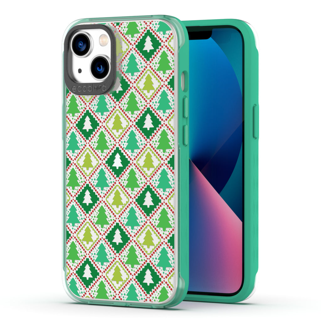 Back View Of Eco-Friendly Green iPhone 13 Winter Laguna Case With Feeling Jolly Design & Front View Of The Screen