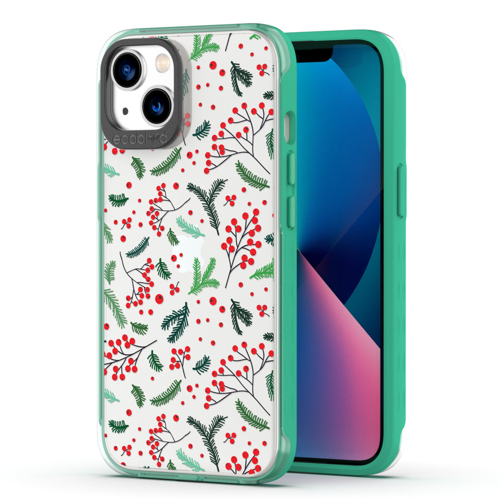 Back View Of Compostable Green Phone 13 Winter Laguna Case With Under The Mistletoe Design & Front View Of Screen