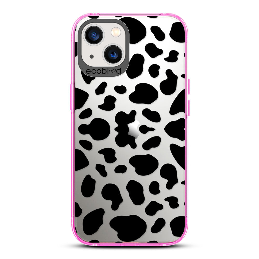 Laguna Collection - Pink Eco-Friendly iPhone 13 Case With A Black Spots Cow Print On A Clear Back - Compostable
