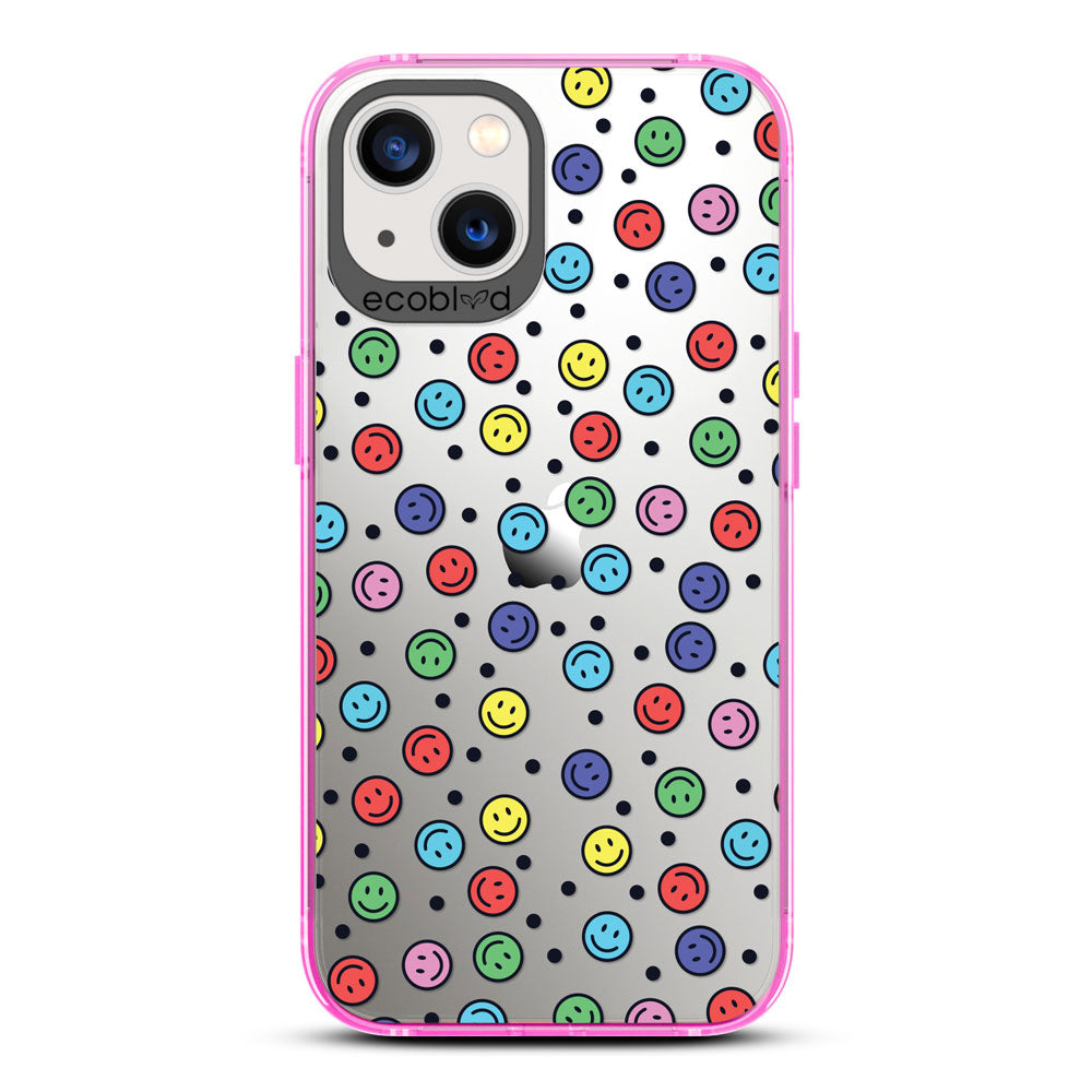 Laguna Collection - Pink Eco-Friendly iPhone 13 Case With Multicolored Smiley Faces & Black Dots On A Clear Back 