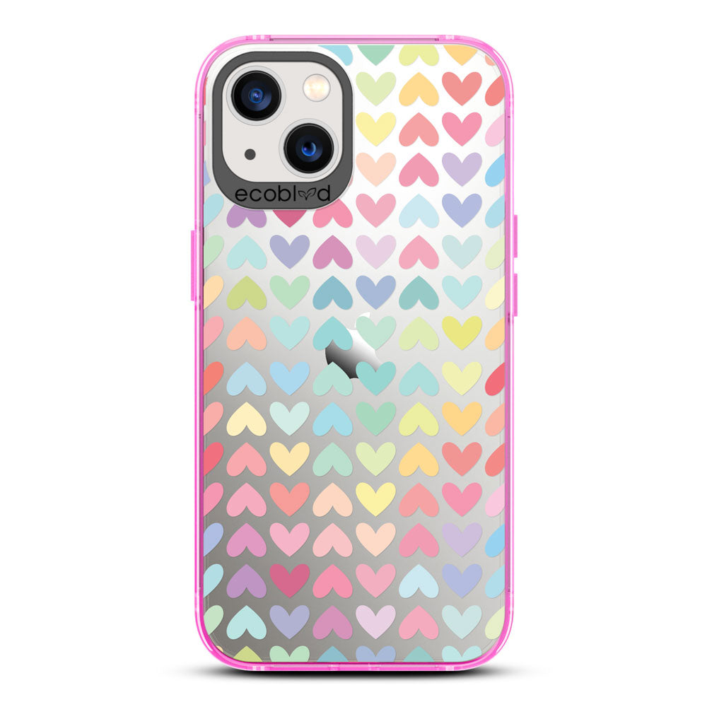 Laguna Collection - Pink Eco-Friendly iPhone 13 Case With A Pastel Rainbow Hearts Pattern On A Clear Back