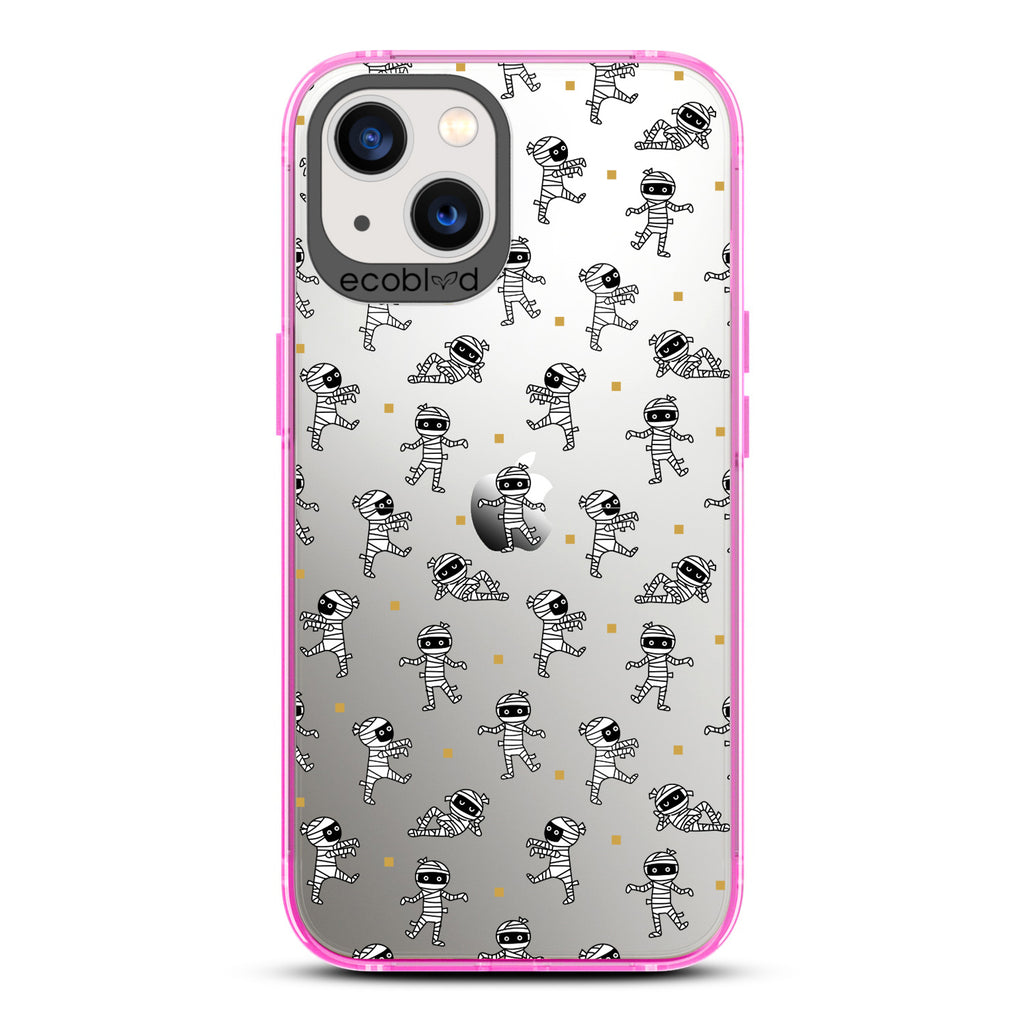 Halloween Collection - Pink Laguna iPhone 13 Case With Multiple Cartoon Mummies Walking & Laying On A Clear Back