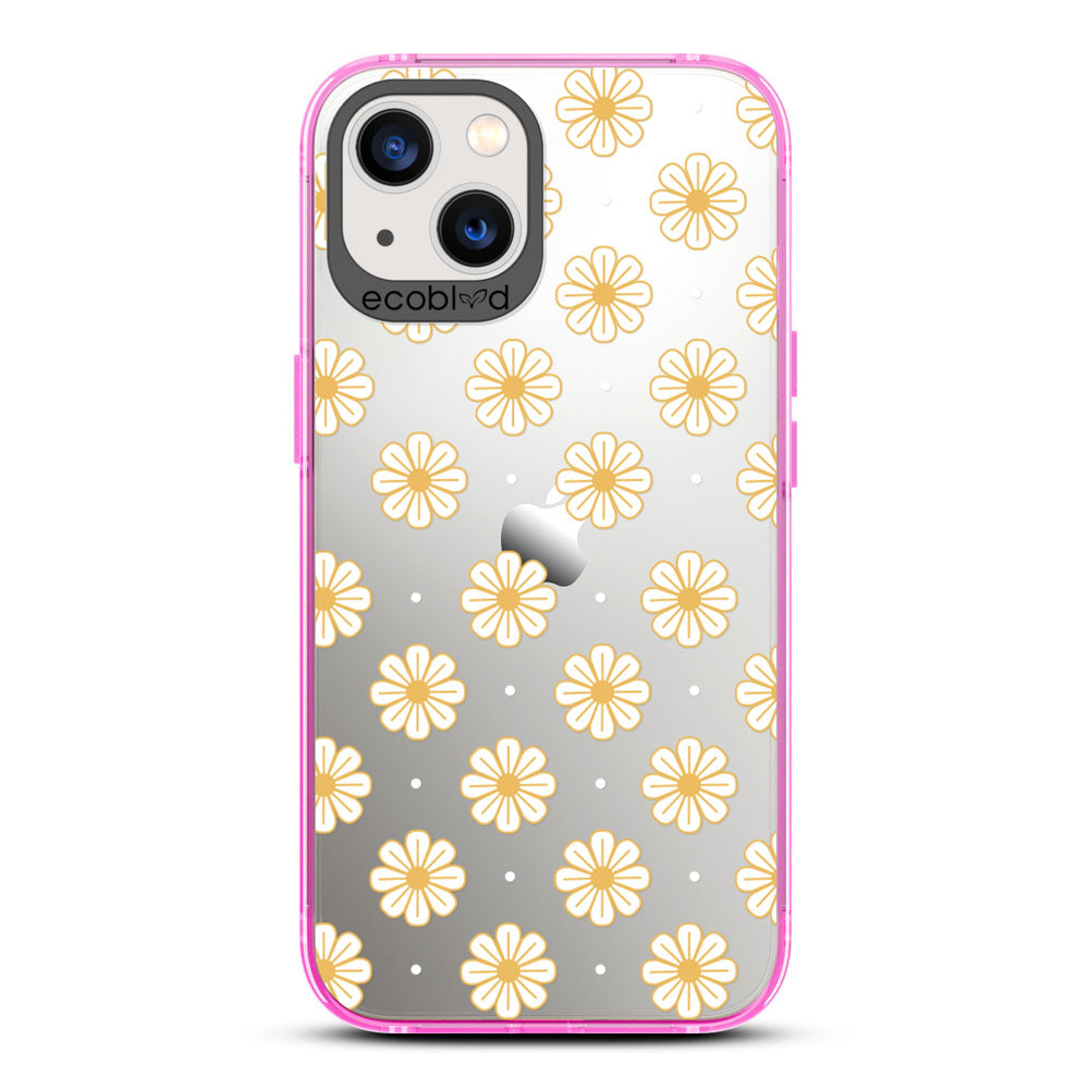 Laguna Collection - Pink Eco-Friendly iPhone 13 Case With White Floral Pattern Daisies & Dots On A Clear Back - Compostable