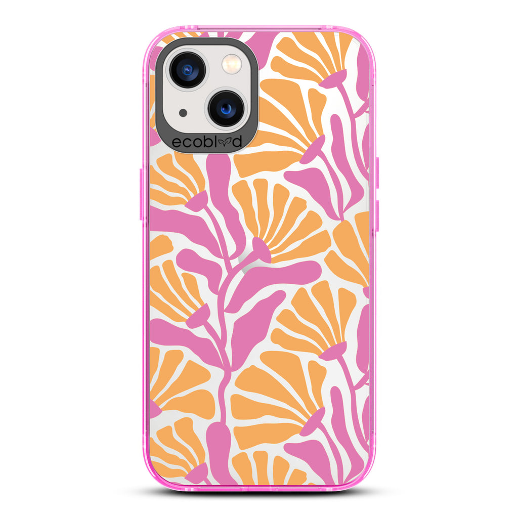 Spring Collection -Pink Compostable iPhone 13 Case - Tropical Flowers With Tan Base & Pink Petals On A Clear Back
