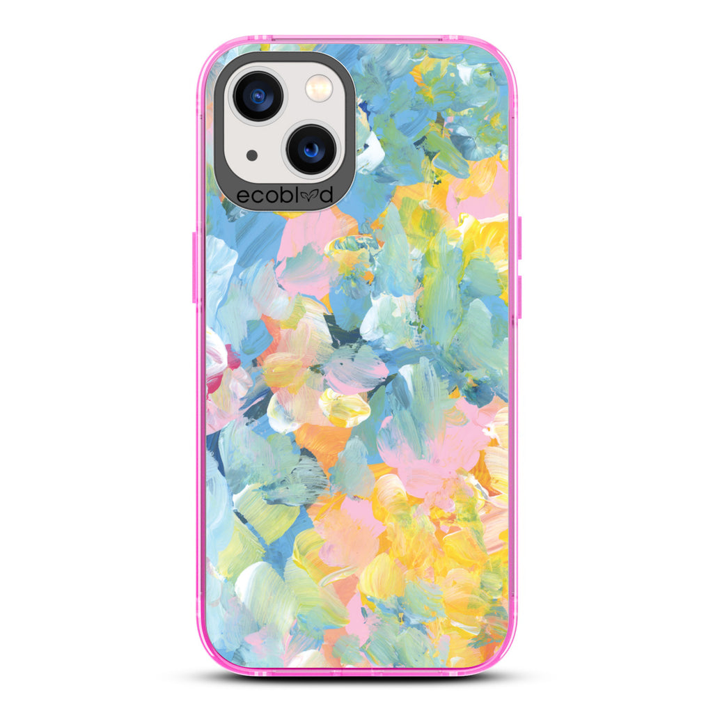 Spring Collection - Pink Compostable iPhone 13 Case - Pastel Acrylic Abstract Paint Smears & Blots On A Clear Back