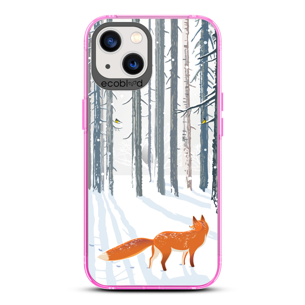 Winter Collection - Pink Eco-Friendly iPhone 13 Case - Orange Fox Trails Pawprints In Snowy Woods On A Clear Back