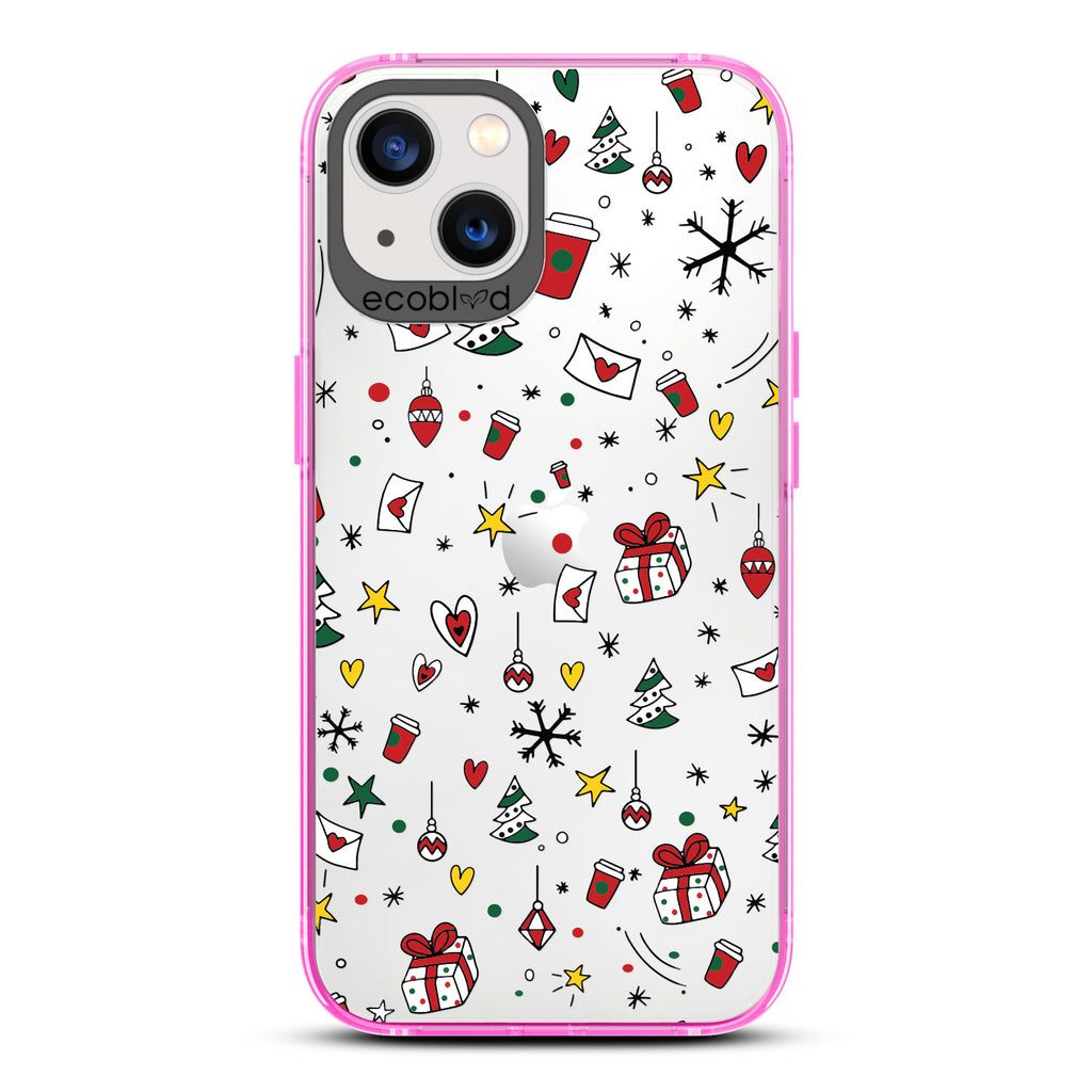 Winter Collection - Pink Eco-Friendly Laguna iPhone 13 Case With Coffee Cups & Holiday Novelties On A Clear Back