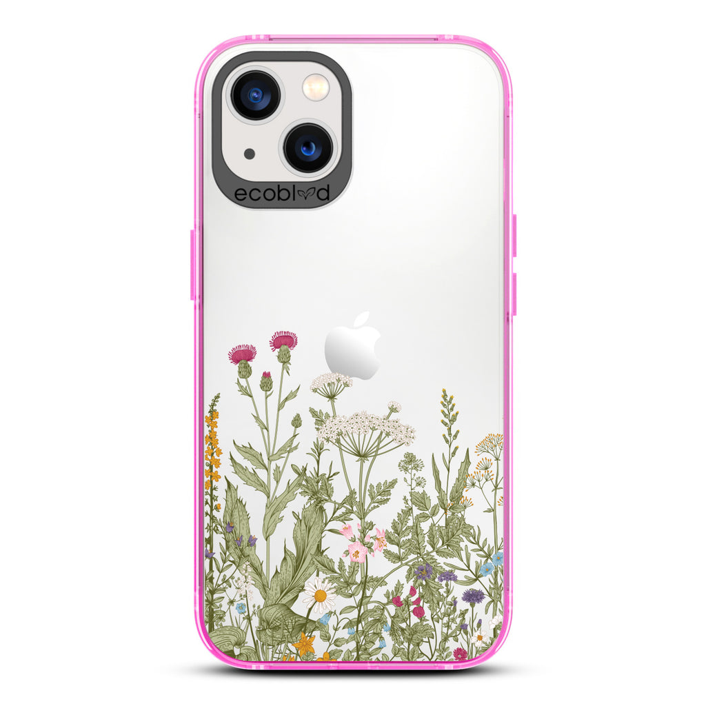 Spring Collection - Pink Compostable iPhone 13 Case - Wild Herbs & Flowers Botanical Herbarium On A Clear Back