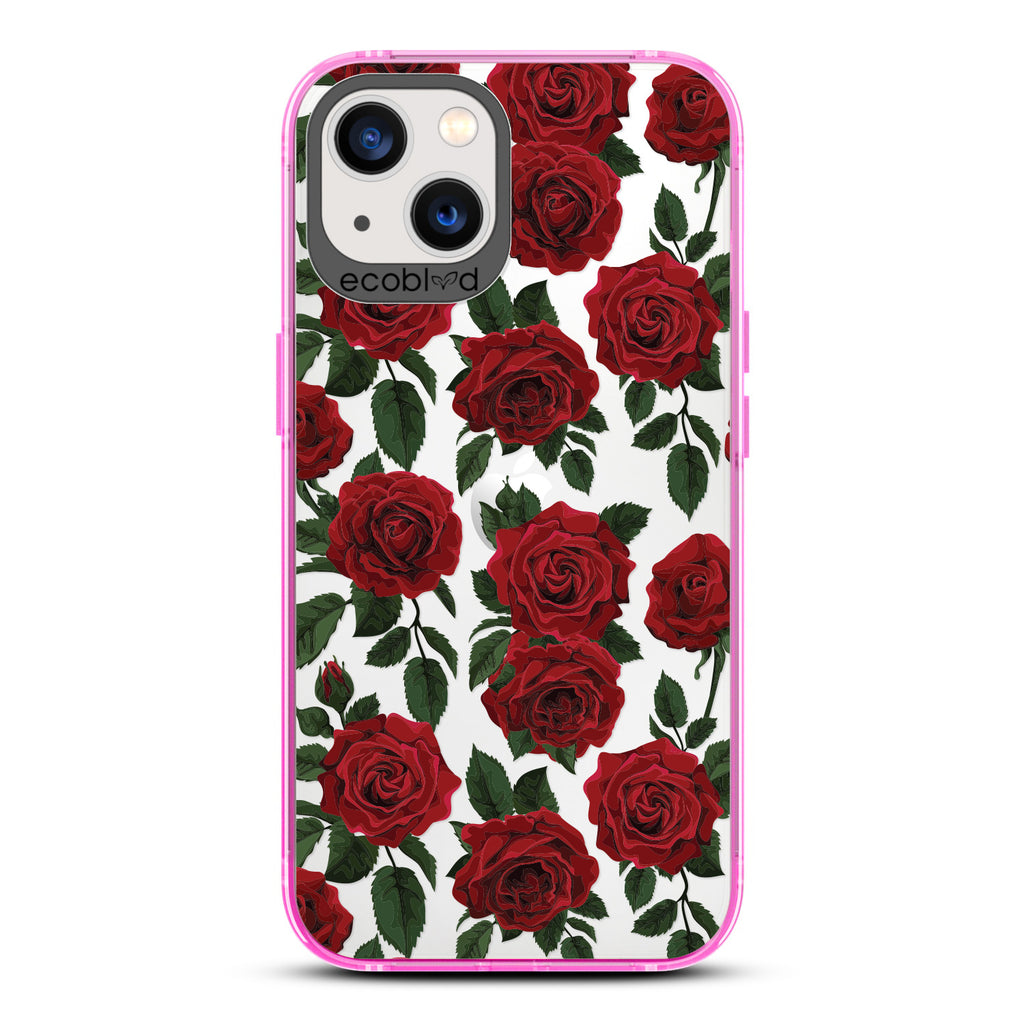 Love Collection - Pink Compostable iPhone 13 Case - Red Roses & Leaves On A Clear Back