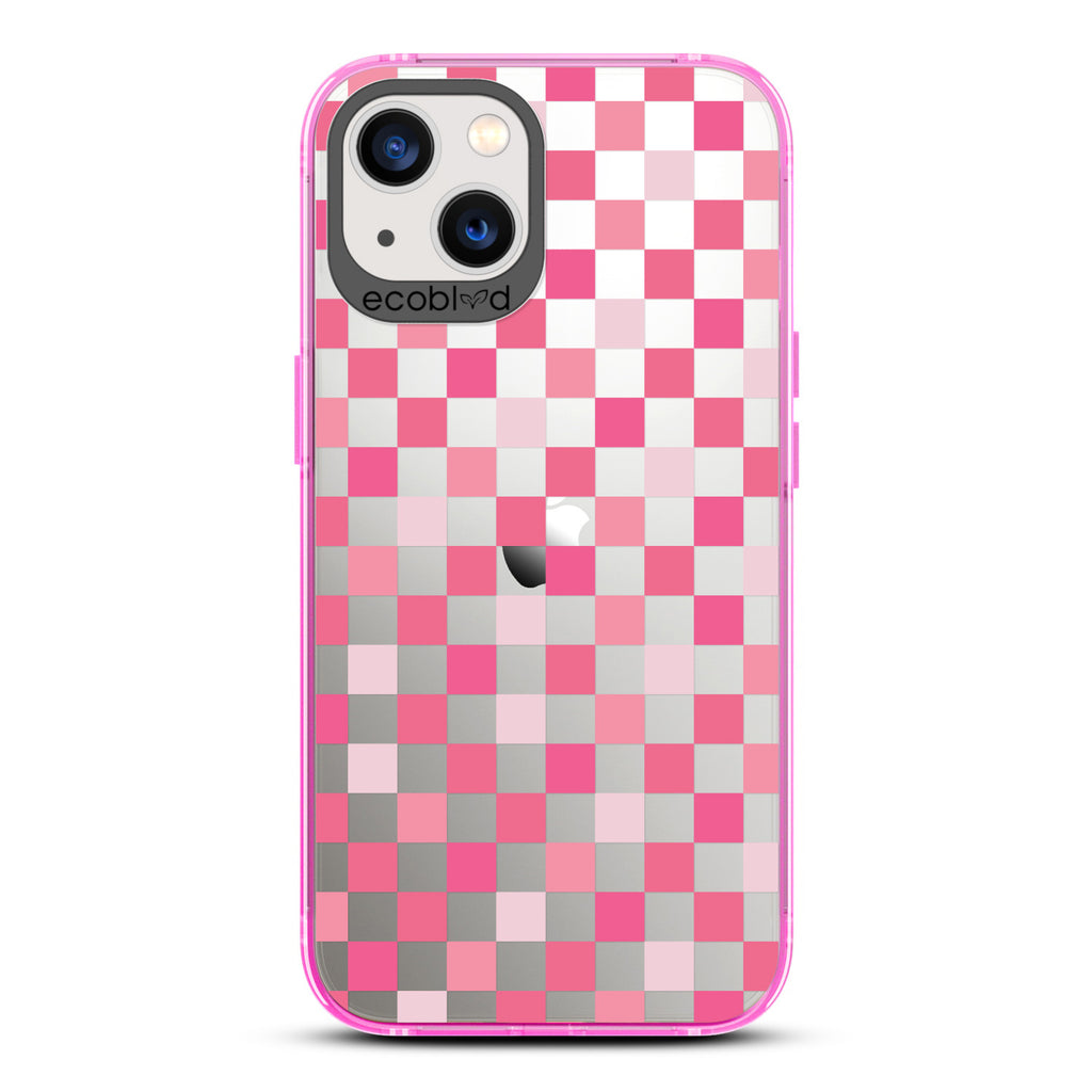 Laguna Collection - Pink Eco-Friendly iPhone 13 Case With A Checkered Print Pattern On A Clear Back - Compostable