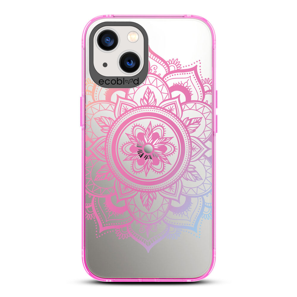 Laguna Collection - Pink Compostable iPhone 13 Case With A Pink Lotus Flower Mandala Design On A Clear Back