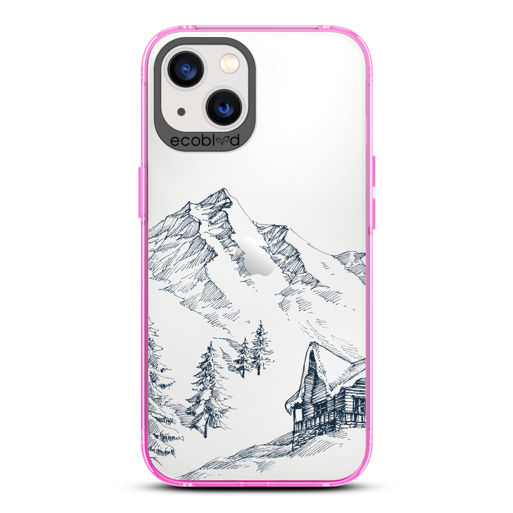 Winter Collection - Pink Compostable iPhone 13 Case - Snowy Mountainside Wood Cabin On A Clear Back