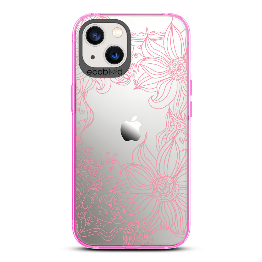 Laguna Collection - Pink Eco-Friendly iPhone 13 Case With A Sunflower Stencil Line Art Design On A Clear Back