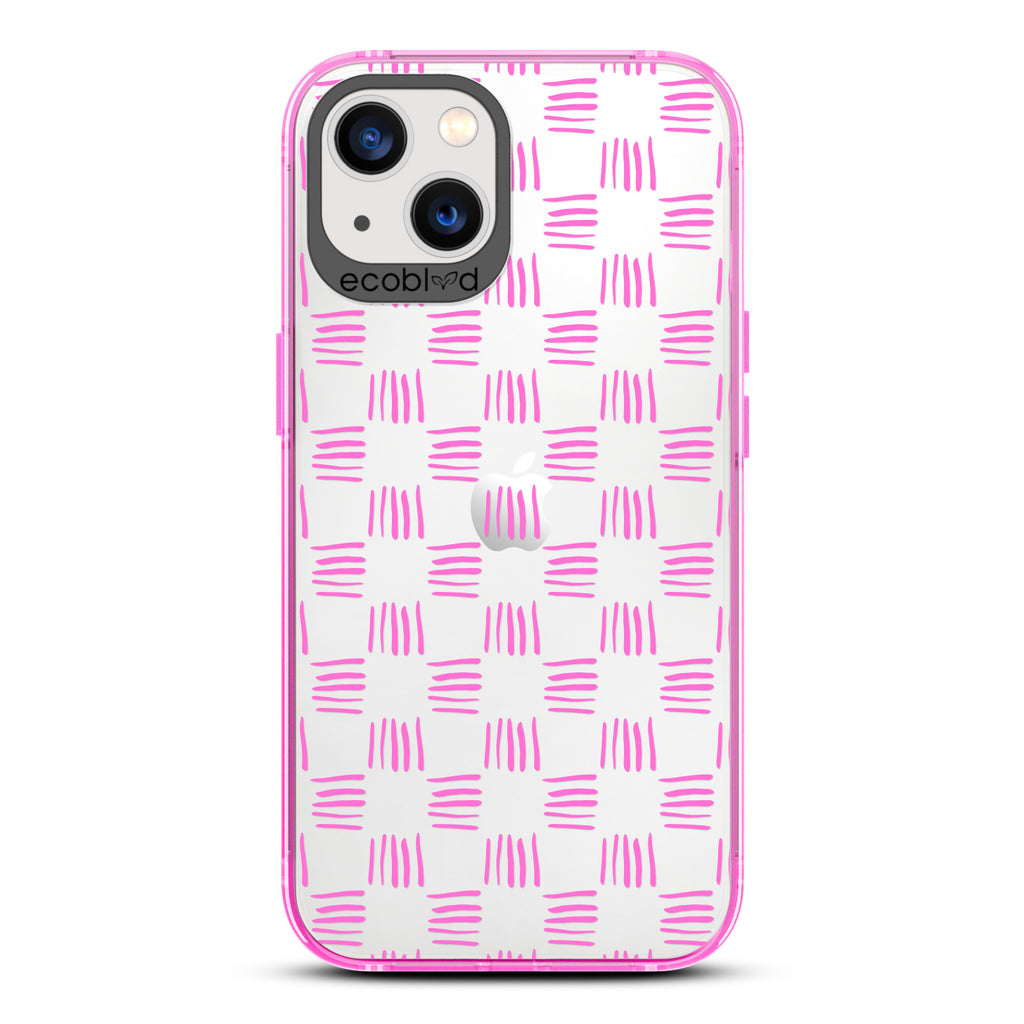 Contemporary Collection - Pink Compostable iPhone 13 Case - Wicker Inspired Rattan Pattern On A Clear Back