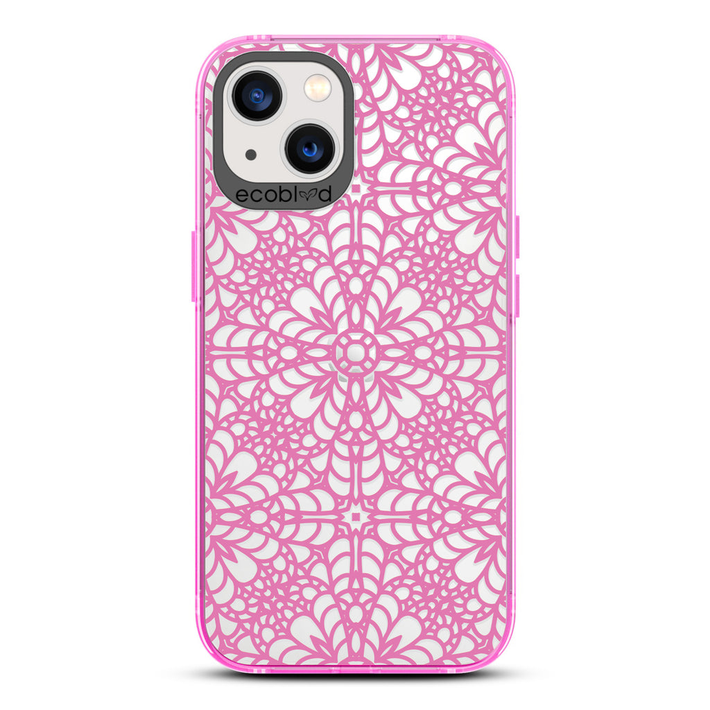 Spring Collection - Pink Compostable iPhone 13 Case - Intricate Lace Tapestry Pattern On A Clear Back