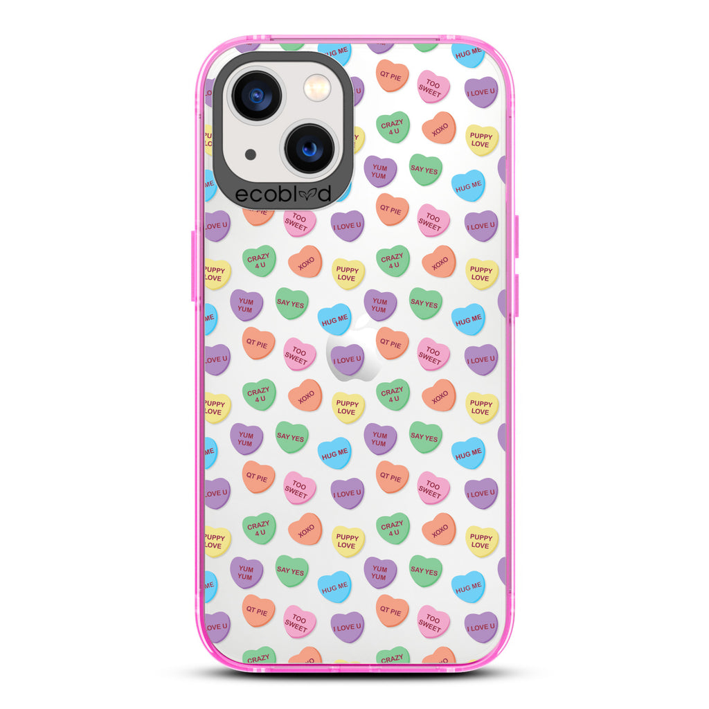 Love Collection - Pink Compostable iPhone 13  Case - Pastel Colored Candy Hearts With Romantic Quotes On Clear Back