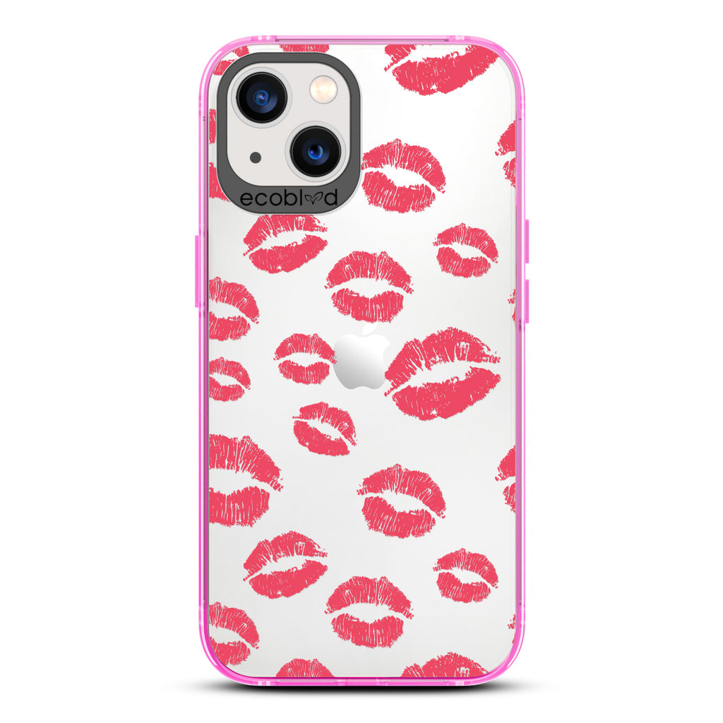 Love Collection - Pink Compostable iPhone 13 Case - Multiple Red Lipstick Kisses On A Clear Back