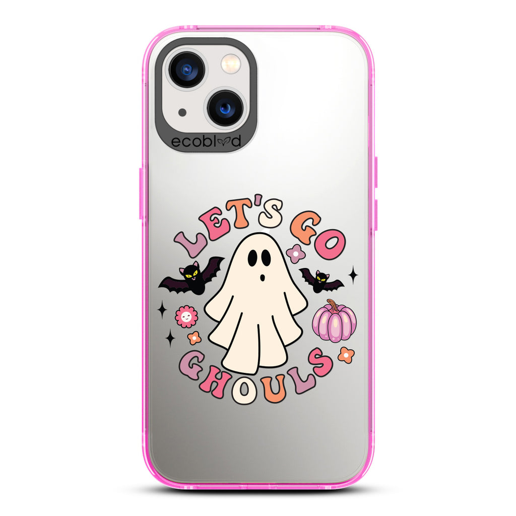 Halloween Collection - Pink Laguna iPhone 13 Case With Let's Go Ghouls, A Ghost, Bats & A Pumpkin On A Clear Back 