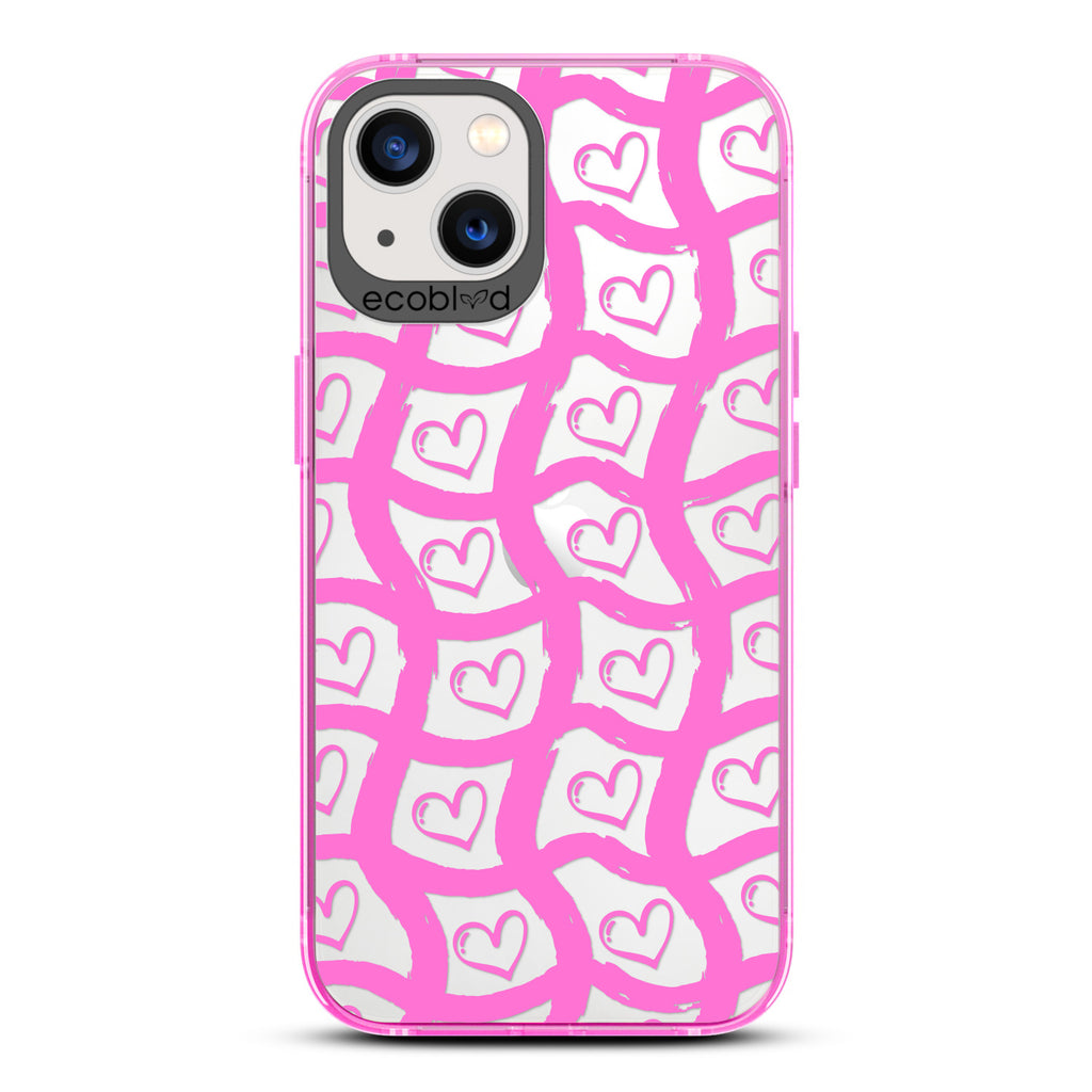 Love Collection - Pink Compostable iPhone 13 Case - Wavy Paint Stroke Checker Print With Hearts On A Clear Back