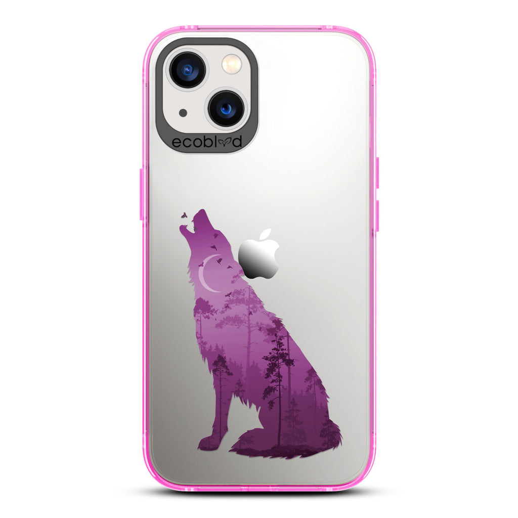 Laguna Collection - Pink Eco-Friendly iPhone 13 Case With A Howling Wolf And Moonlit Woodlands Print On A Clear Back