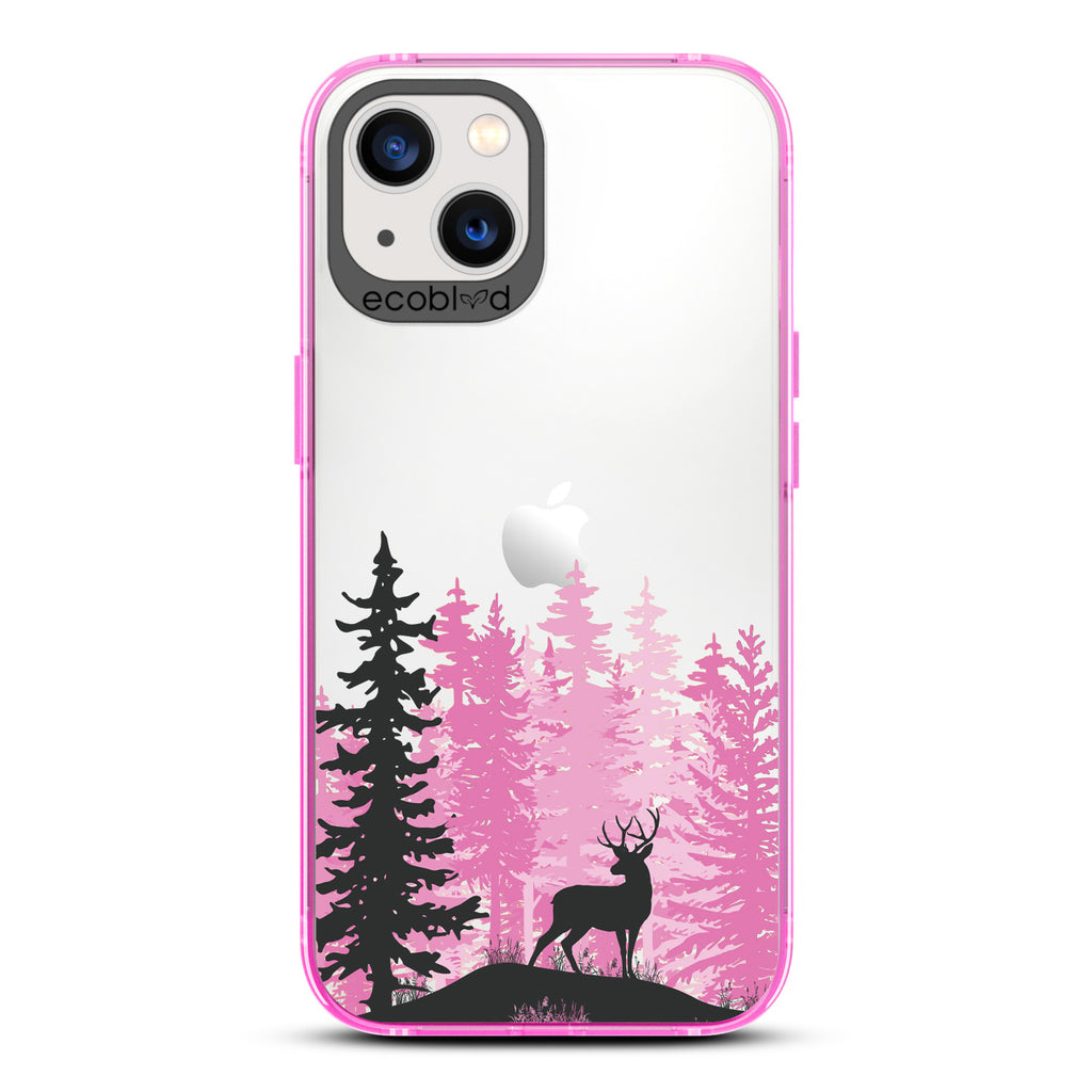Winter Collection - Pink Compostable iPhone 13 Case - Wild Stag Standing On Boulder In The Woods On Clear Back