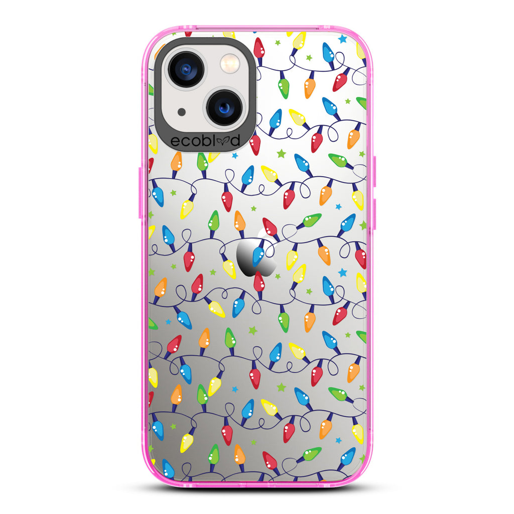 Winter Collection - Pink Compostable Laguna iPhone 13 Case With Colorful Christmas Lights & Stars On A Clear Back