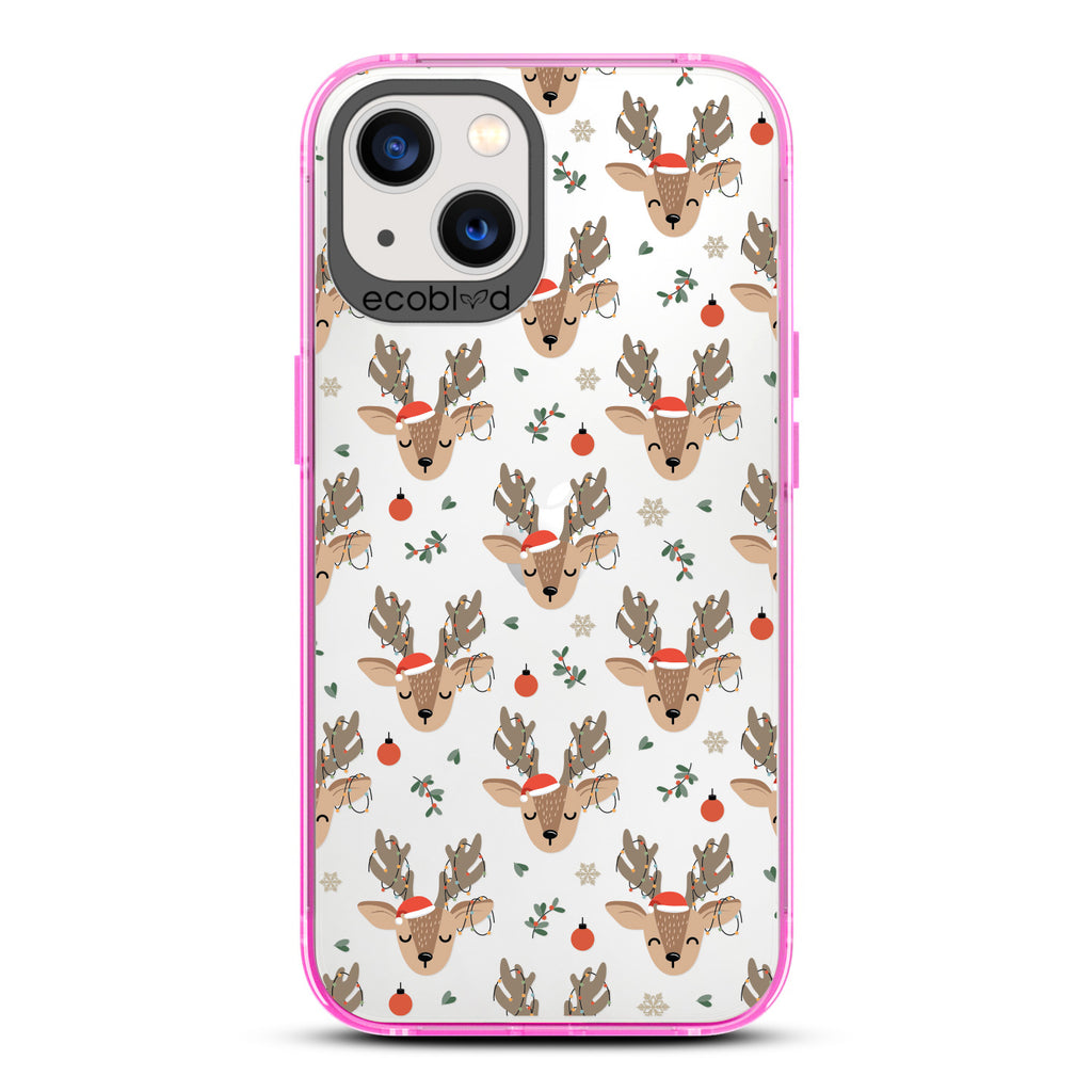 Winter Collection - Pink Laguna iPhone 13 Case With Reindeer Wearing Santa Hats & Christmas Lights On A Clear Back