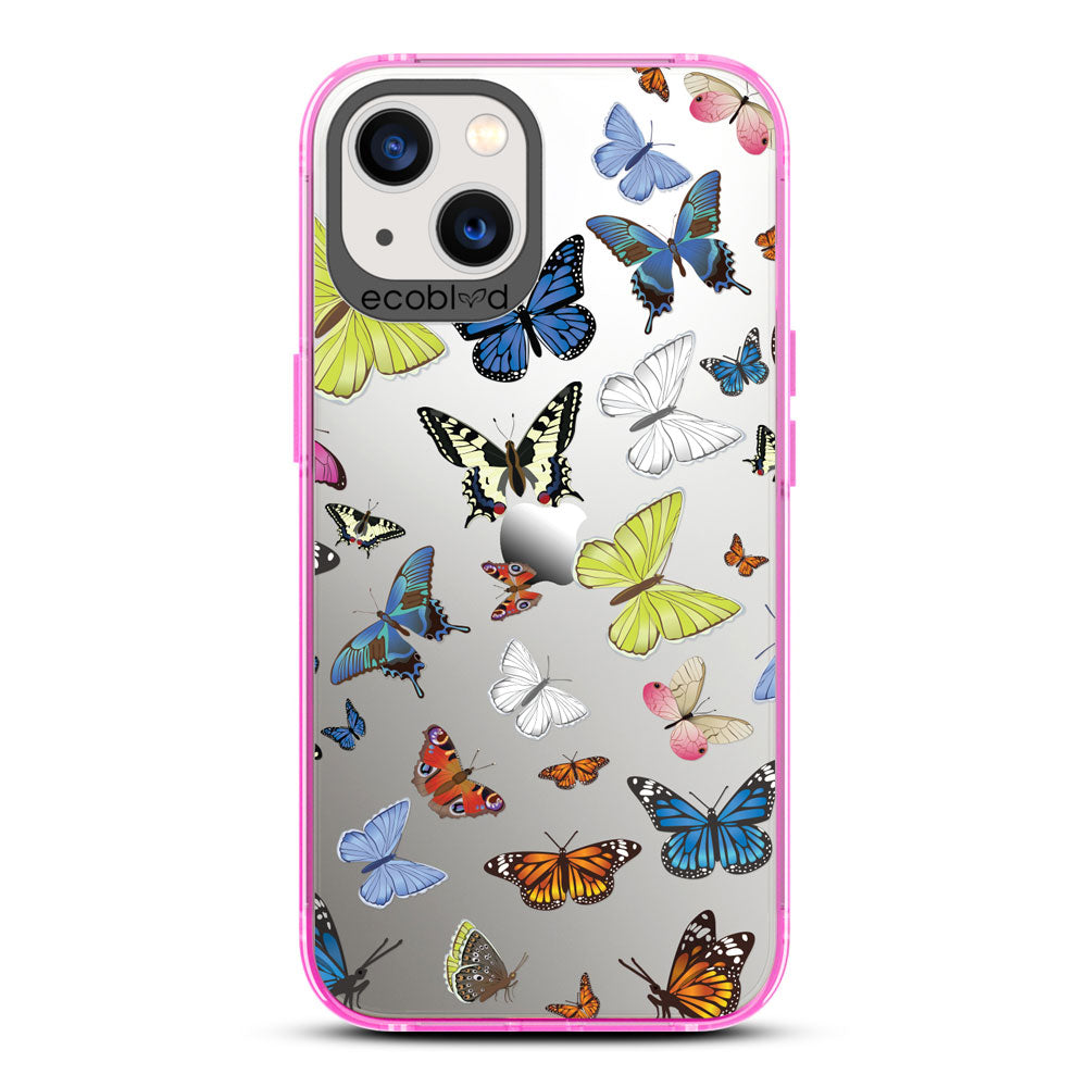 Laguna Collection - Pink iPhone 13 Case With Multicolored Butterflies On A Clear Back - 6FT Drop Protection