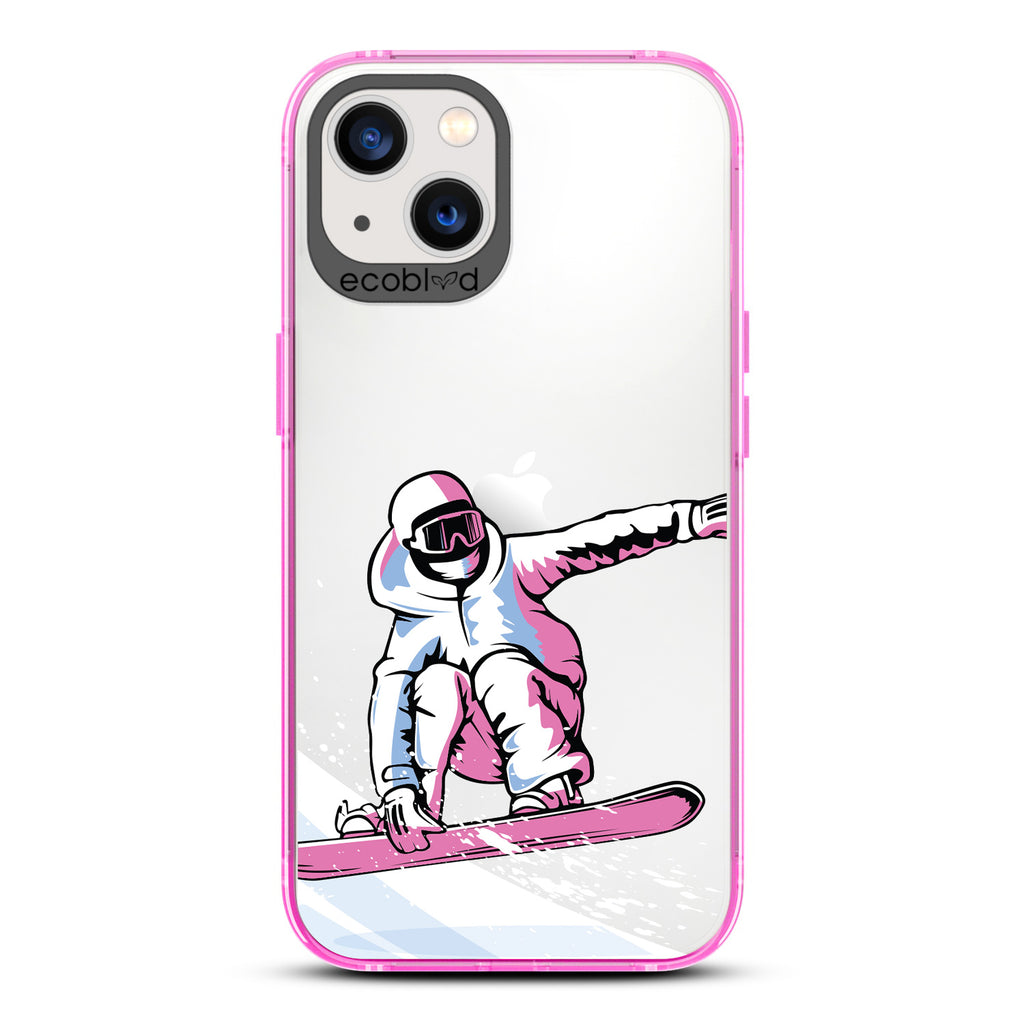 Winter Collection - Pink Eco-Friendly iPhone 13 Case - A Snowboarder Jumps While Holding The Board On A Clear Back