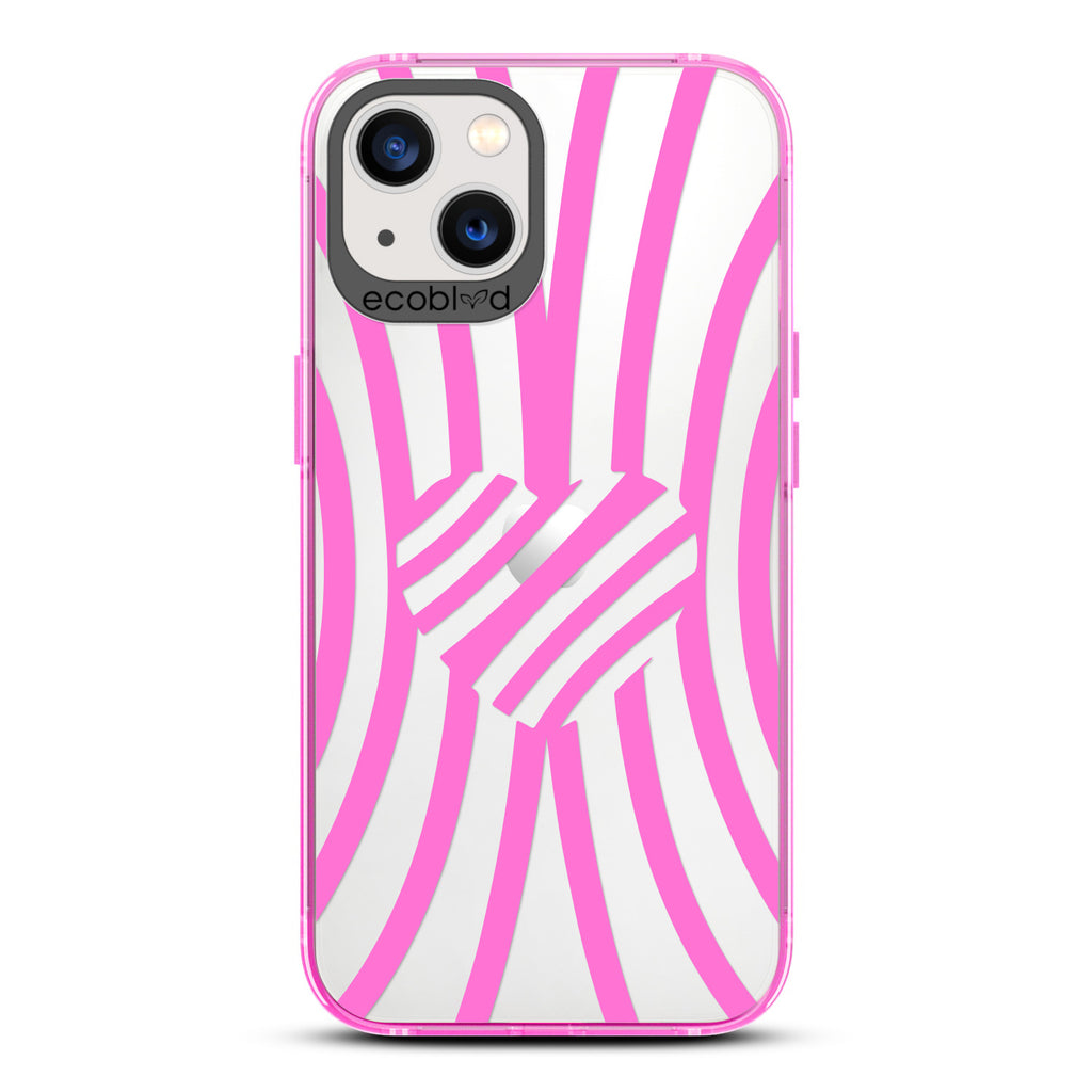 Love Collection - Pink Compostable iPhone 13 Case - Pink Zebra Stripes & A Heart In The Center On A Clear Back