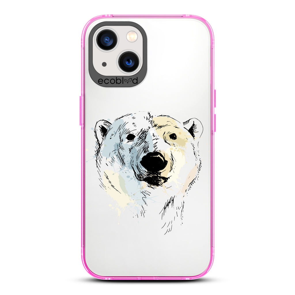 Winter Collection - Pink Compostable iPhone 13 Case - Illustrated Polar Bear Face On Clear Back
